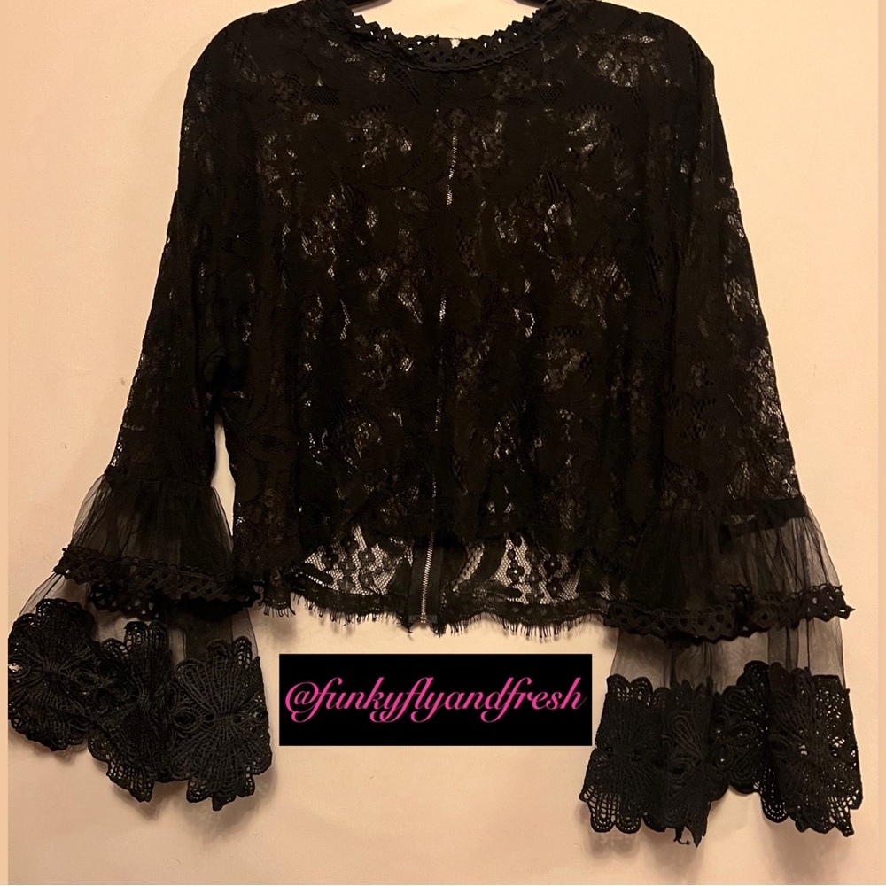 Ina Seifart long, bell sleeved black lace high neck zip back size medium blouse